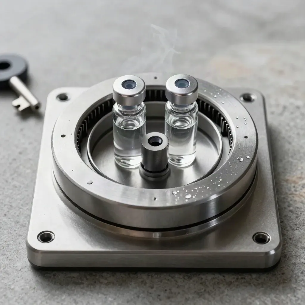 Overhead macro of a pharma centrifuge rotor with glass vials and steel caps on matte stone