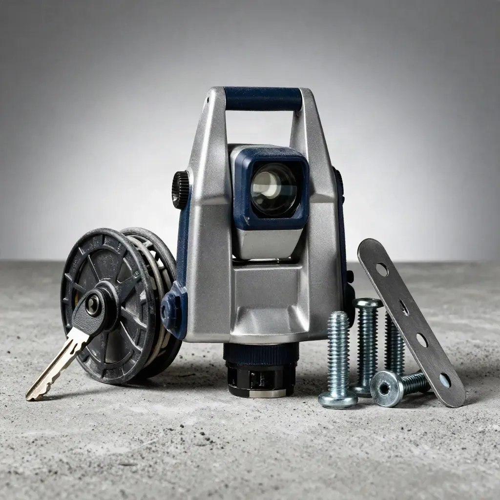 Surveying prism, chalk reel, bolts and metal spacer on dusty concrete