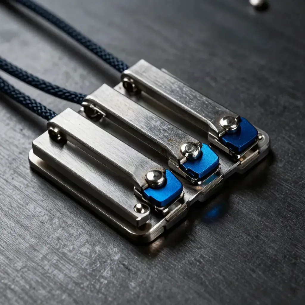 RFID seal clips, cargo latch plate, and cable ties on brushed metal in hard light
