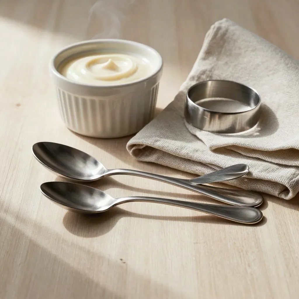 Stainless tasting spoons, linen, ramekin and serving ring on pale wood with steam