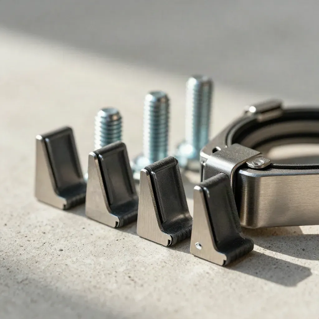 Solar mounting clips, bolts, and an anodized clamp arranged in macro on pale concrete.