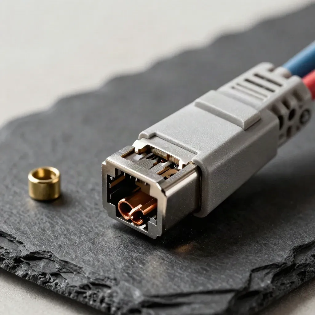 Split RJ45 connector, cut cable end, brass ferrule, and hex tool on graphite slate, extreme macro.