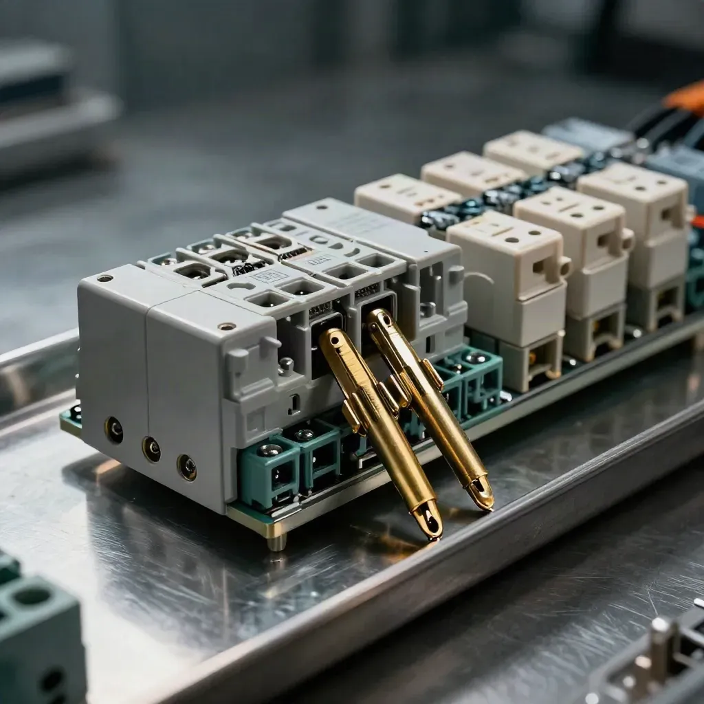 DIN-rail relay module with terminal blocks and bridge jumpers on brushed metal, dramatic studio light