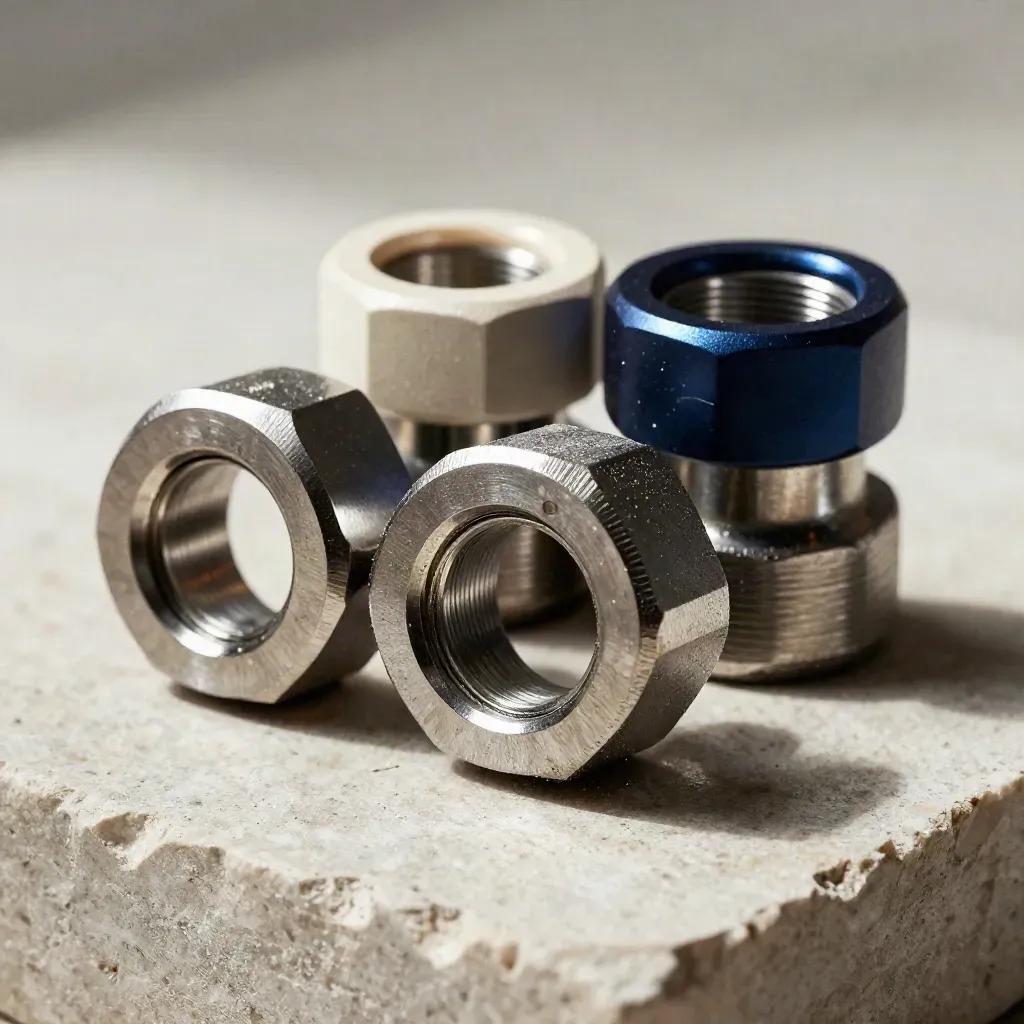 Macro of metal couplers, linked rings, and cable ferrules on pale stone with dramatic upper-left light.
