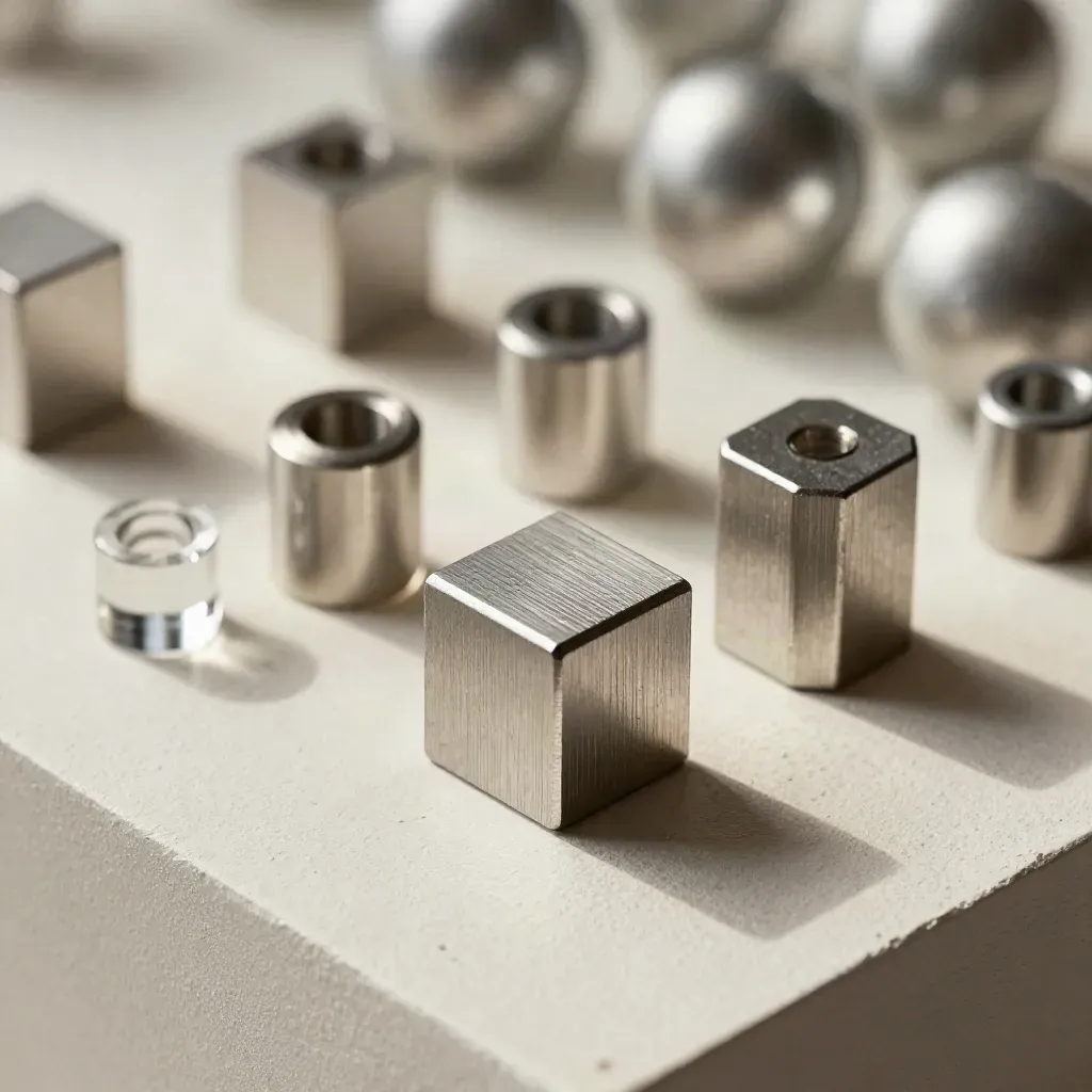 Brushed aluminum indicator pucks and a steel block on off-white plaster in soft daylight.