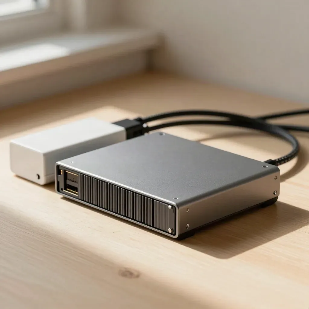 Macro still life of an SSD, backup dock, power brick, and cable on pale wood