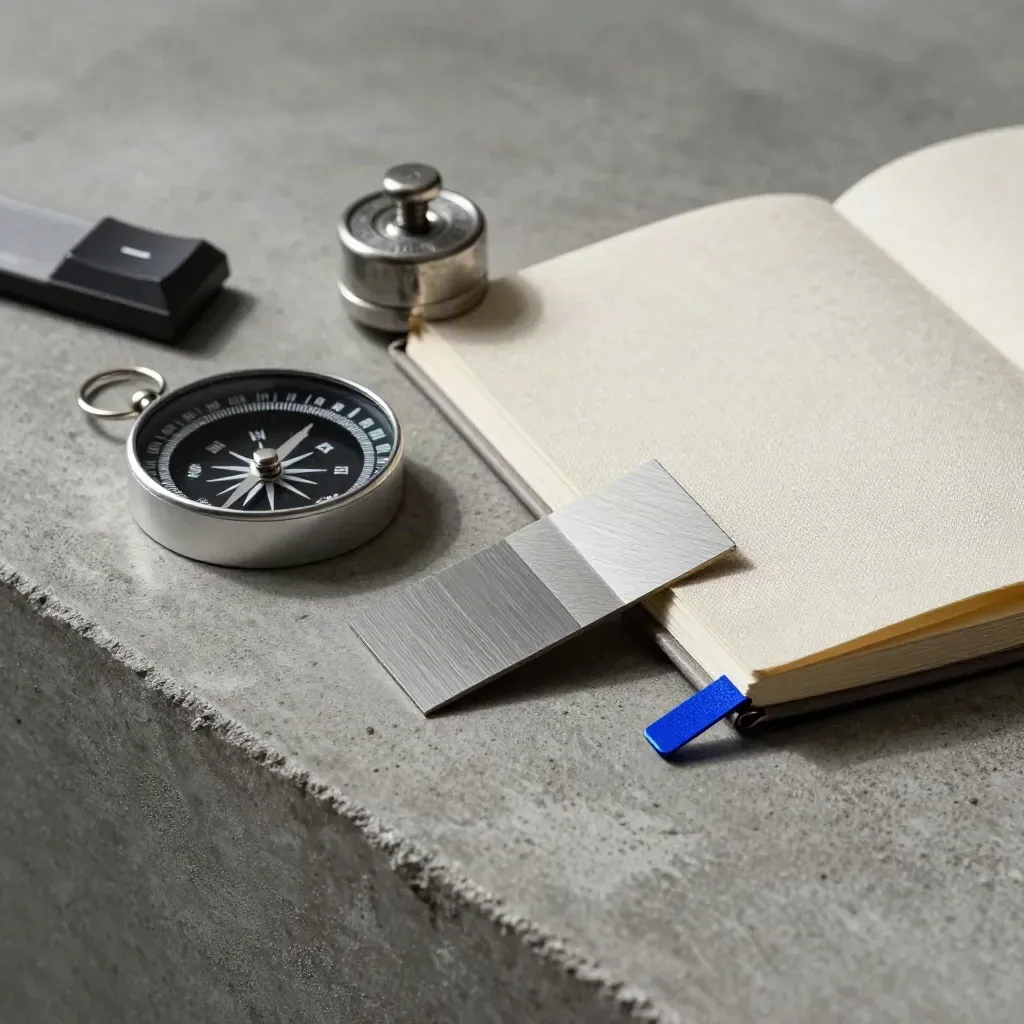 Matt compass, calibration weights, and fanned sample chips on concrete with a linen notebook.
