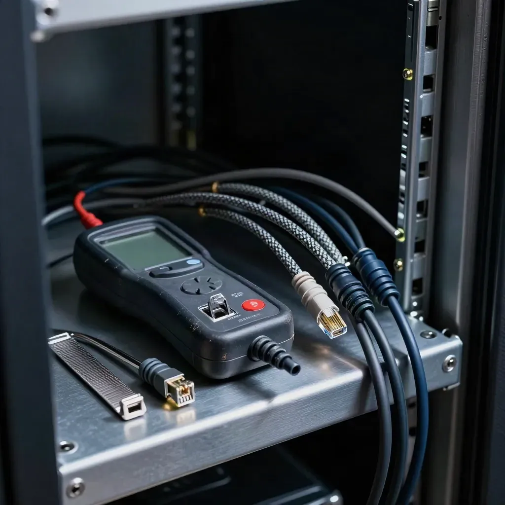 Cable tester, RJ45 plugs and braided sleeves behind blurred rack mesh in hazy server light.