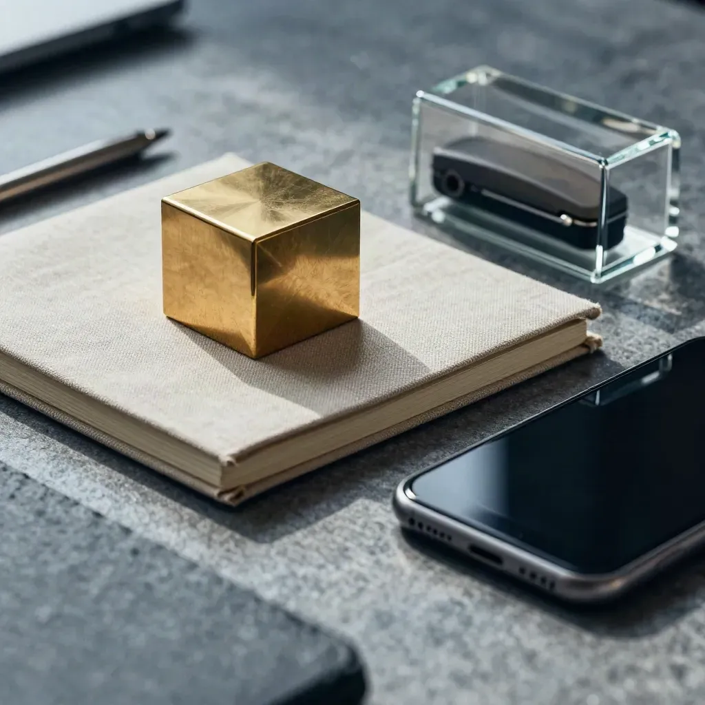 Brass paperweight, linen notebook, clicker, glass timer and face-down phone on stone