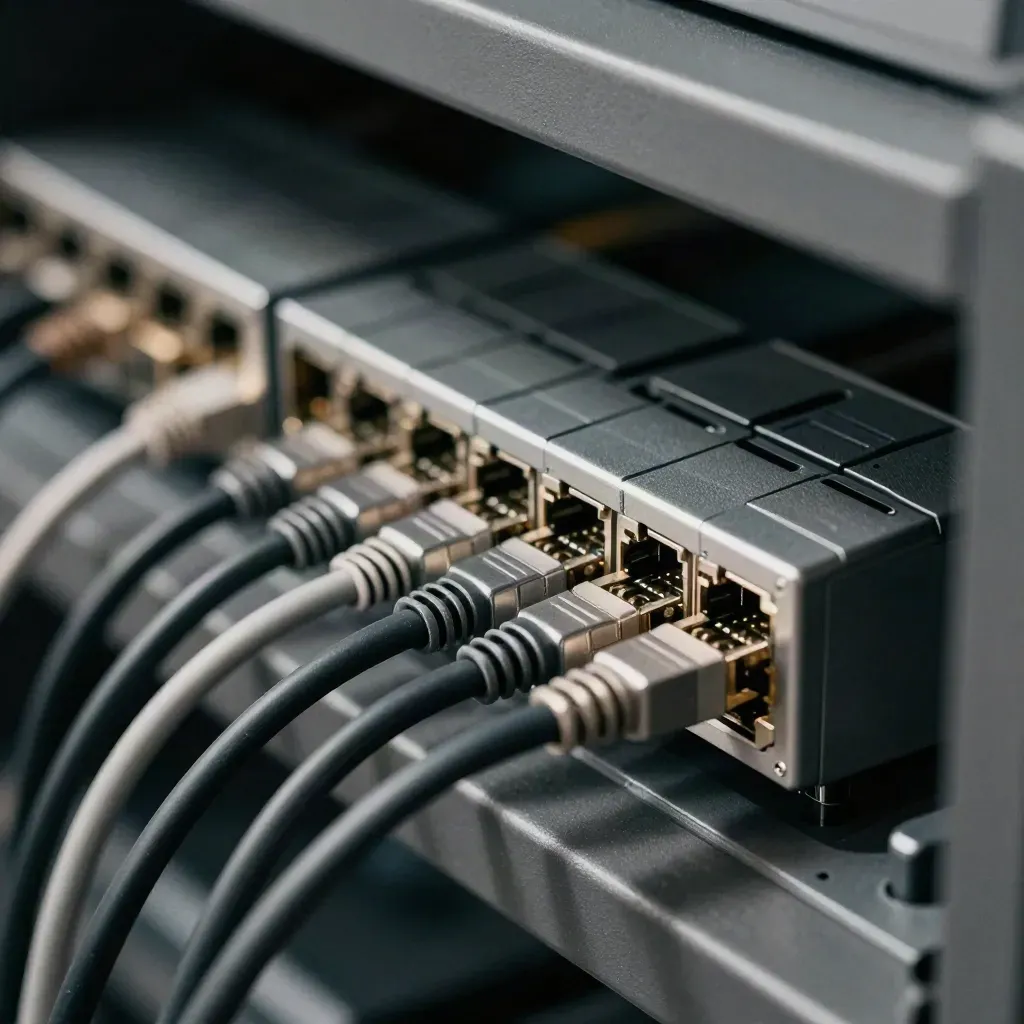Macro of patch leads, SFP modules, cable organizer and RFID reader on graphite shelf