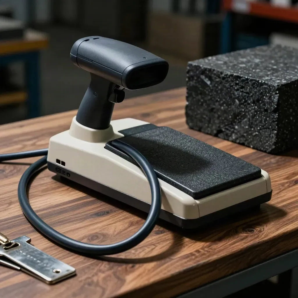 Warehouse scanner cradle, coiled cable, pallet clips and basalt block on warm walnut under hard light.