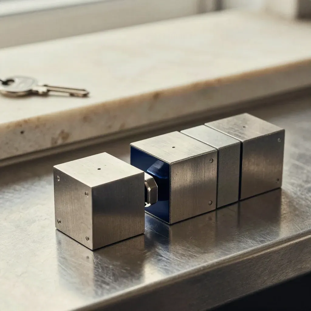 Modular steel connector blocks snapping together on brushed metal with a deep navy accent.