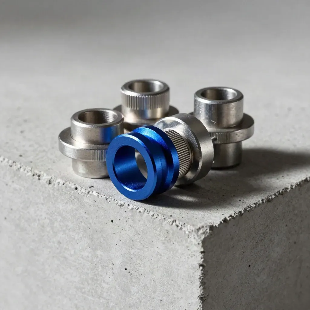 Macro of aluminum spacers and connectors on pale concrete with one electric-blue accent