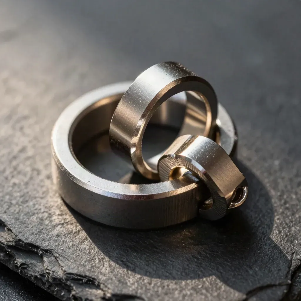 Macro of silver connectors locking together on graphite slate.