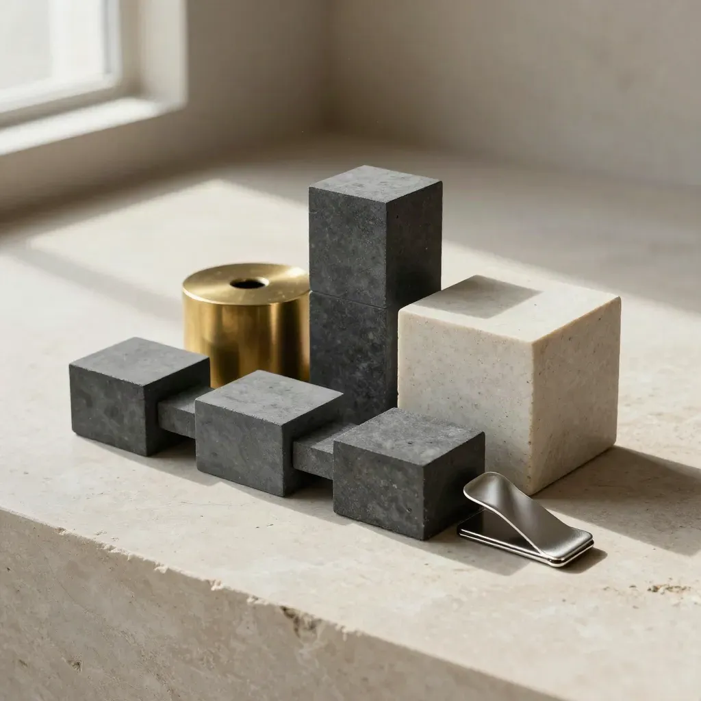 Brass, stone, and graphite blocks arranged on pale limestone in soft daylight.