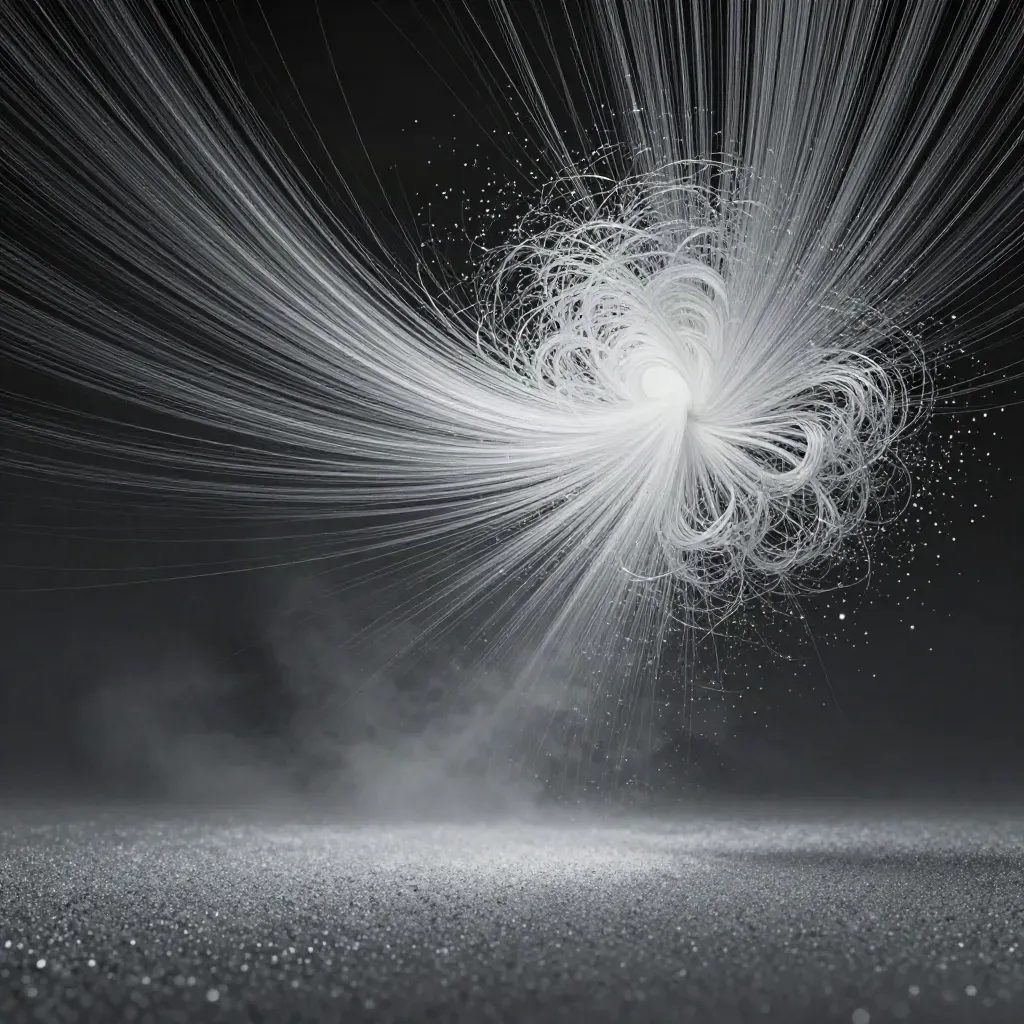 Silver filaments converge into a soft white bloom in deep graphite haze.